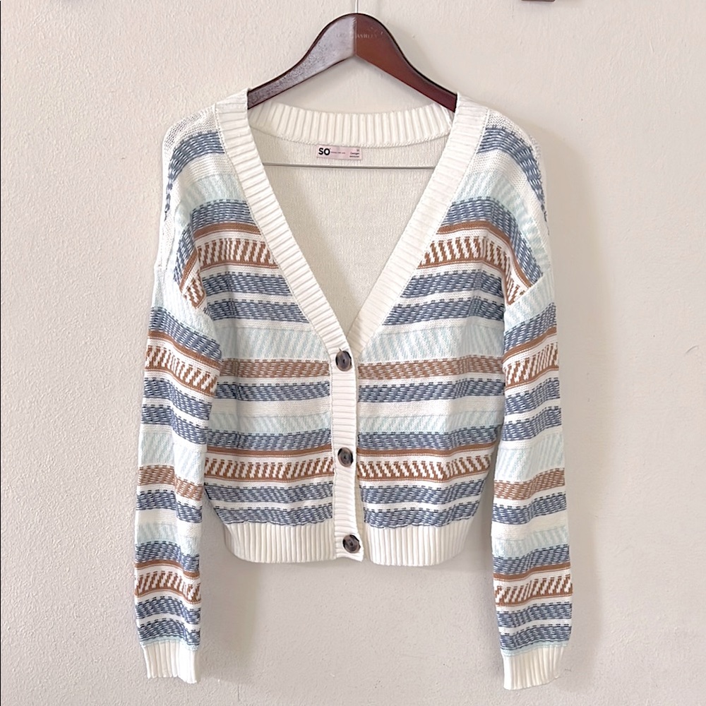 NWOT SO Women's Striped Cardigan Sweater Fall Winter Size Medium Knit Cottage